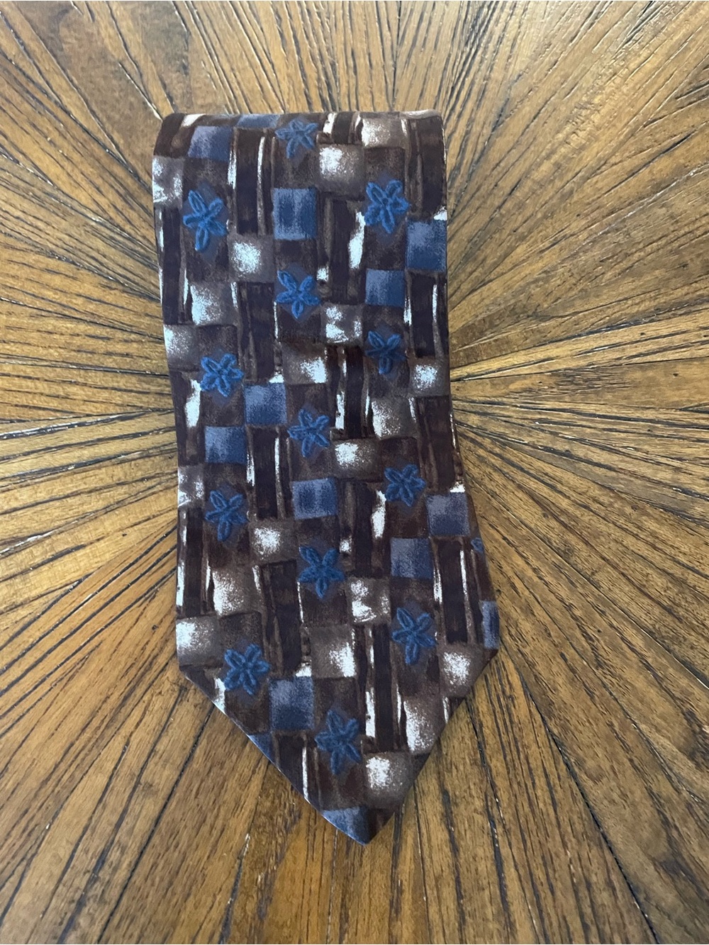 Zylos by George Machado Brown Silk Tie with Blue Floral and Geometric Pattern